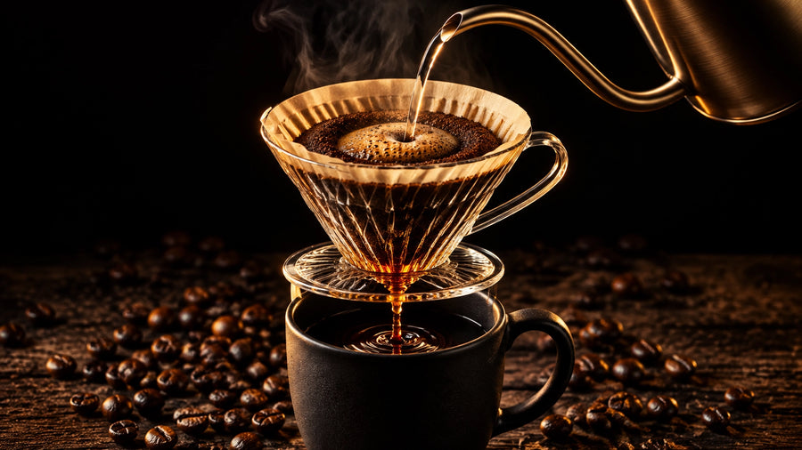 A V60 pour-over brewing fresh coffee with a golden stream, steam, and roasted whole beans on a dark wood surface