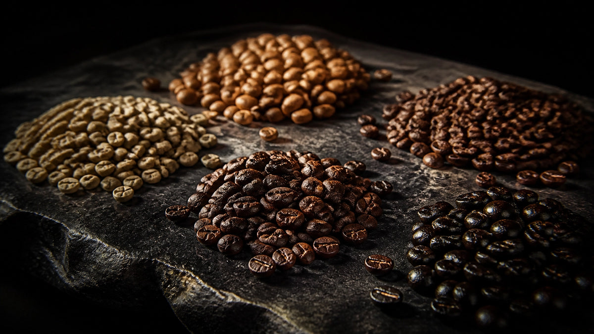 High-contrast arrangement of varied whole coffee beans with different roast levels, sizes, and textures on a dark surface