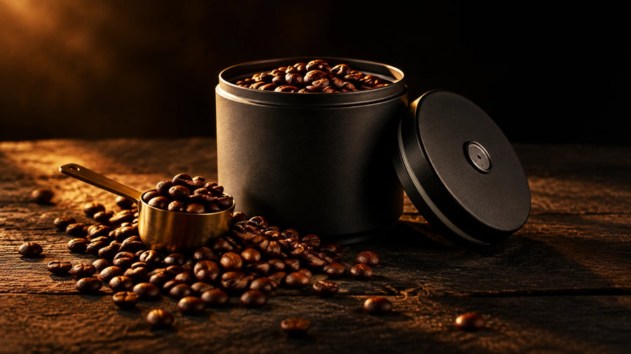 Fresh whole coffee beans beside an opaque airtight coffee canister on dark wood