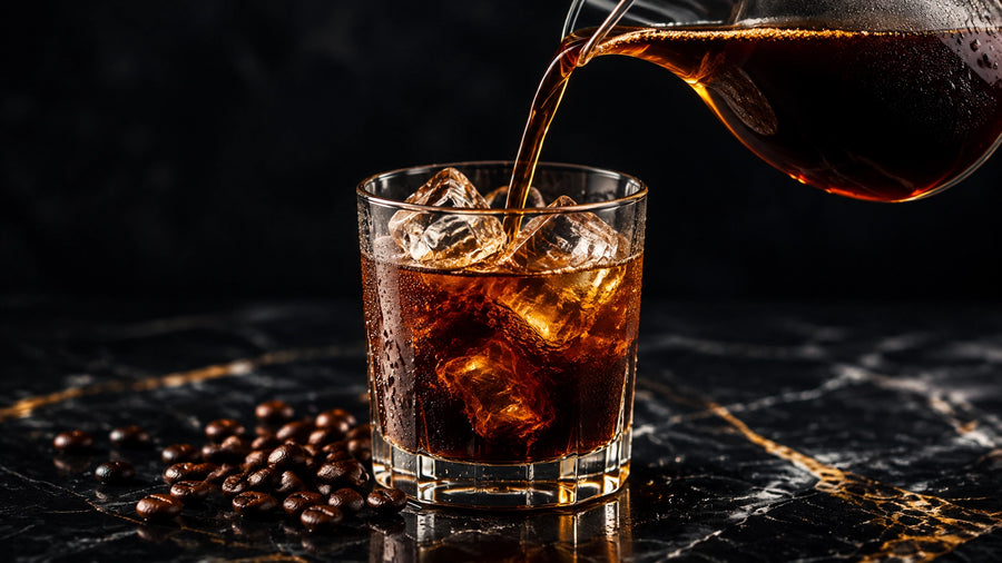 Cold brew pouring over clear ice beside fresh roasted coffee beans on black marble