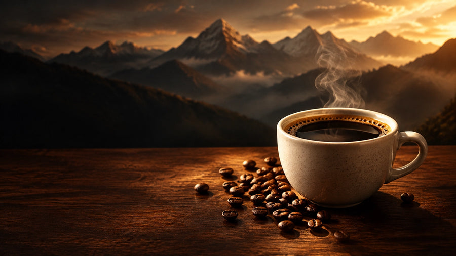Steaming freshly brewed coffee with roasted beans and subtle Andean mountains in the background