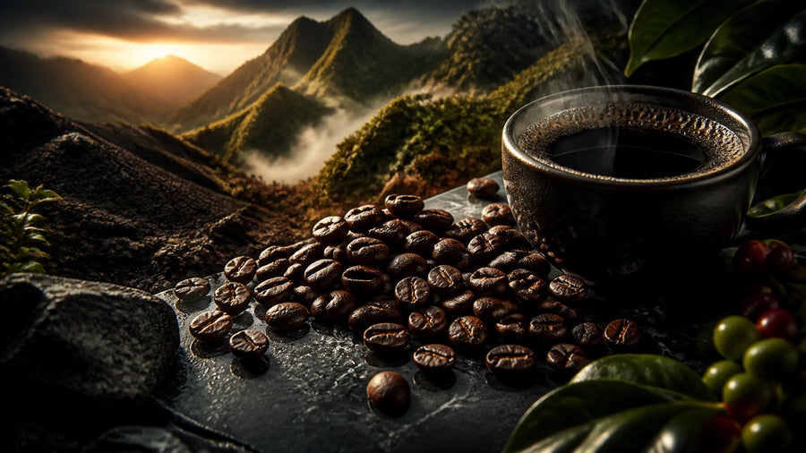 Distinct loose coffee beans arranged through cinematic mountain, volcanic soil, tropical foliage, and warm sunlight cues that